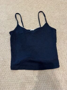 Garage Navy Shelf Cami Tank with White Lace Trim